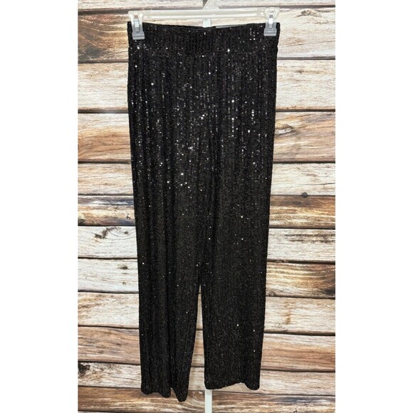 Maurices Black Sequin Pants Small Regular Pull-On Wide Leg Lined Party Evening - Picture 1 of 7